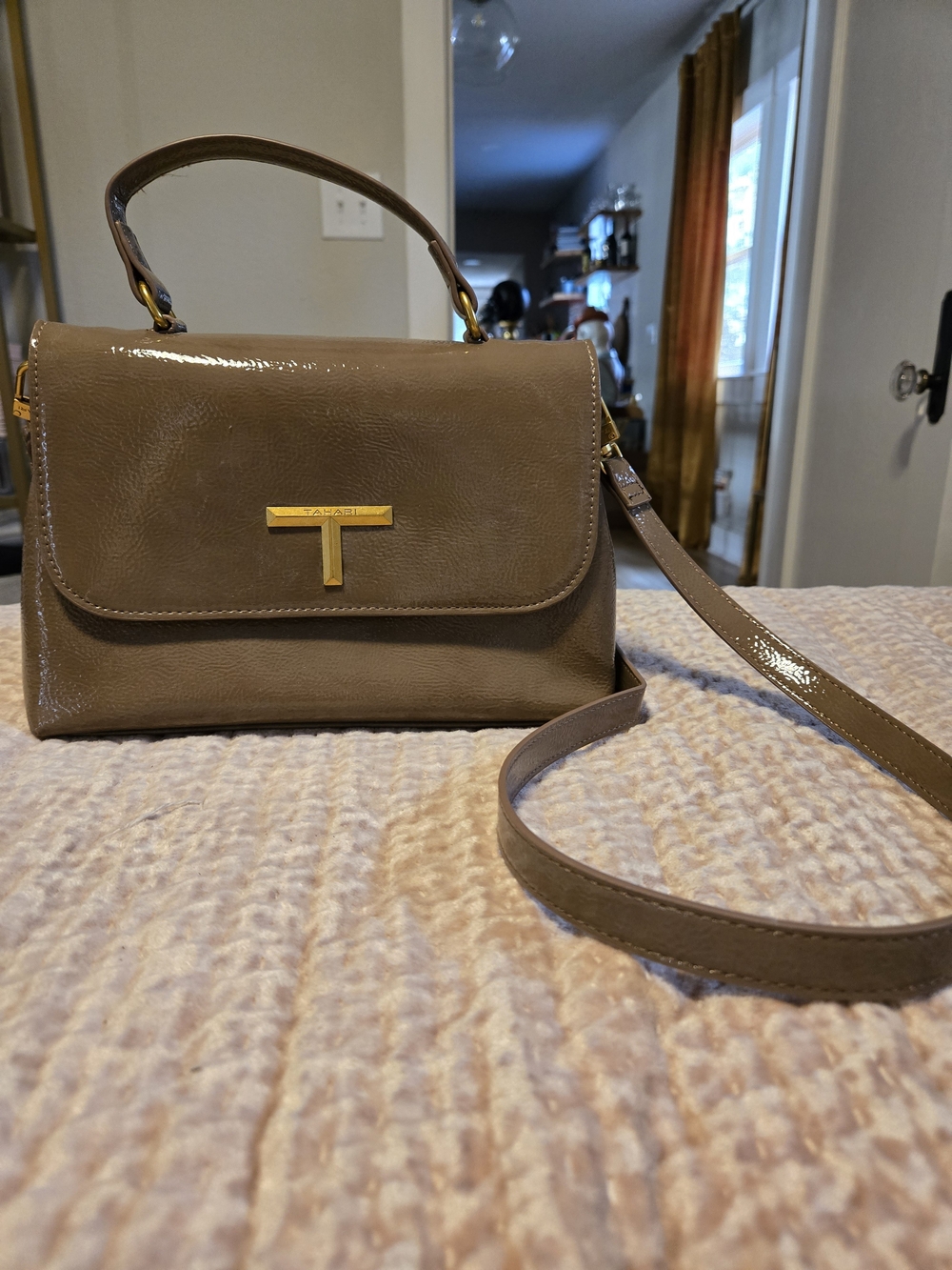 Tahari Taupe Patent Leather Top-Handle Satchel with Gold T-Bar